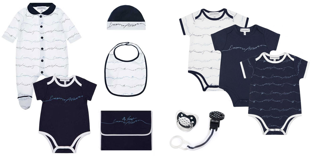 Prezent dla noworodka - ubranka niemowlęce Emporio Armani - śpioszki, pajacyki, body, smoczki, butelki